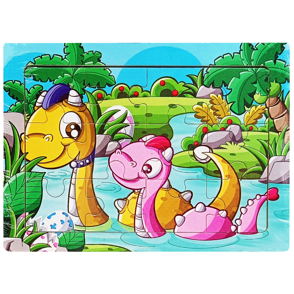 Дитячий дерев'яний пазл-вкладиш "Купання динозавриків" MD 1343-1, 12 елементів 15 х 11 х 0,4 см