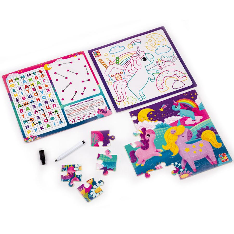 Розвиваючий набір 4 в 1 "Єдиноріжки" VT2002-05 пазл, розмальовка, маркер - Зображення 3